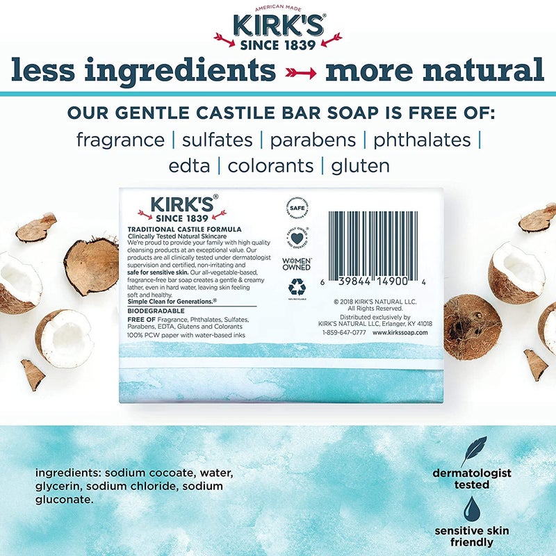 Kirk's Castile Bar Soap by KirkÃ¢â‚¬â„¢s | Clean Soap for Men, Women & Children | Premium Coconut Oil | Sensitive Skin Formula, Vegan | Fragrance-Free/Unscented | 4 oz. Bars - 12 Pack - Image 5